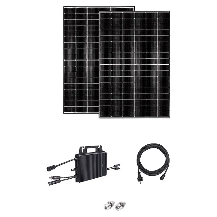 Yard Force Solarmodul-Set LX SP415D - 0% MwSt. gem. § 12 Abs. 3 UStG - Nennleistung: 415 W, L x B x H: 3 x 172,2 x 113,4 cm, 2 Stk. - Zwei schwarze Solarmodule und ein schwarzer Mikro-Wechselrichter mit Stromkabel und Anschlüssen.