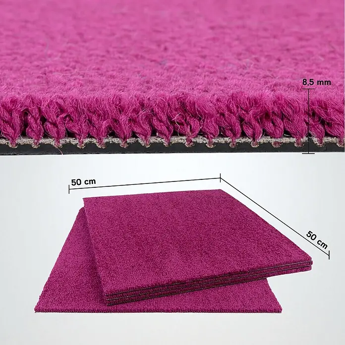 Bricoflor Teppichfliese Velours Hochflor, Lila Pink, 50 - Breite: 50 cm, Velours, 100 % Polypropylen (PP), Lila Pink - Zwei gestapelte pinkfarbene Teppichfliesen, 50x50 cm, zeigen den 8,5 mm dicken Flor und die Basis.