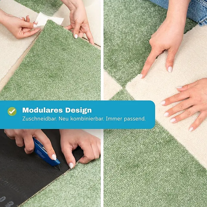 Bricoflor Teppichfliese Velours Hochflor, Hell-Grau, 50 - Breite: 50 cm, Velours, 100 % Polypropylen (PP), Hell-Grau - Grüne und beige modulare Teppichfliesen werden montiert und zugeschnitten, zeigen anpassbares Design für flexible Böden.