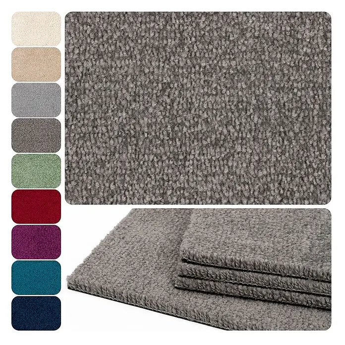 Bricoflor Teppichfliese Velours Hochflor, Dunkel-Grau, 50 - Breite: 50 cm, Velours, 100 % Polypropylen (PP), Dunkel-Grau - Strukturierter grauer Teppich mit Farbmustern. Gefaltete Teppichstücke zeigen Material.