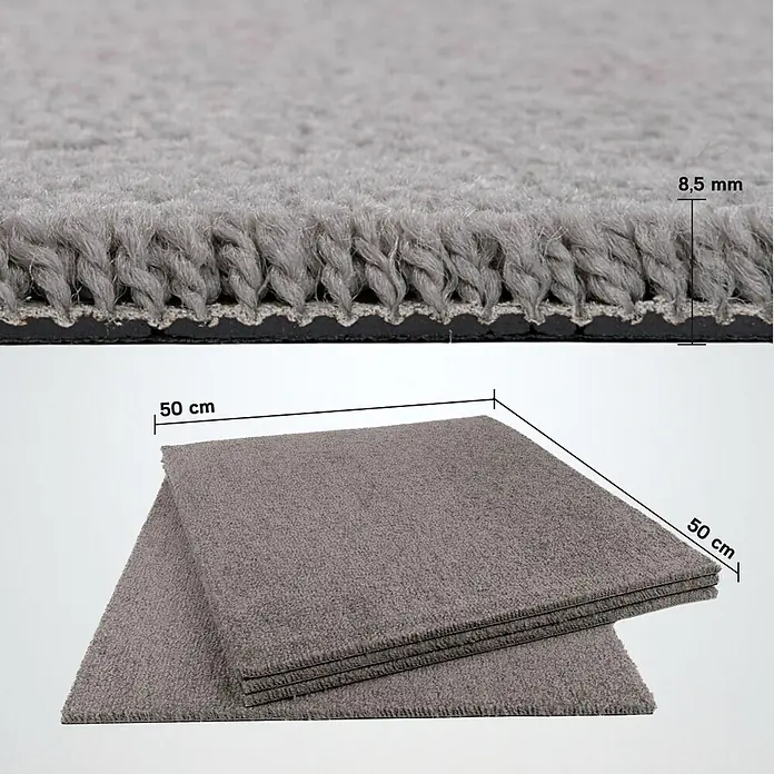 Bricoflor Teppichfliese Velours Hochflor, Dunkel-Grau, 50 - Breite: 50 cm, Velours, 100 % Polypropylen (PP), Dunkel-Grau - Graue Teppichfliese, 50x50 cm, mit 8,5 mm Gesamtdicke und Schlingenflor-Textur.