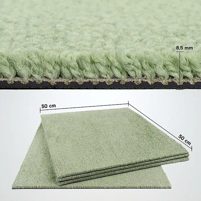 Bricoflor Teppichfliese Velours Hochflor, Hell-Grün, 50 - Velours, 100 % Polypropylen (PP), Hell-Grün - Hellgrüne Teppichfliesen, 50x50 cm, mit weicher Hochflorstruktur, 8,5 mm dick.
