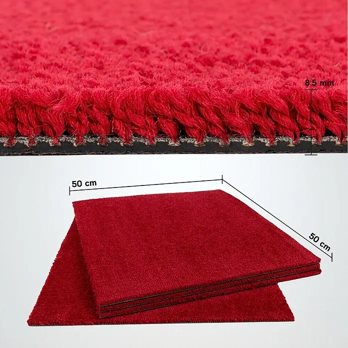 Bricoflor Teppichfliese Velours Hochflor, Rot, 50 - Breite: 50 cm, Velours, 100 % Polypropylen (PP), Rot - Rote Teppichfliesen, 50x50 cm, mit Nahaufnahme des 8,5 mm dicken, getufteten Flors.