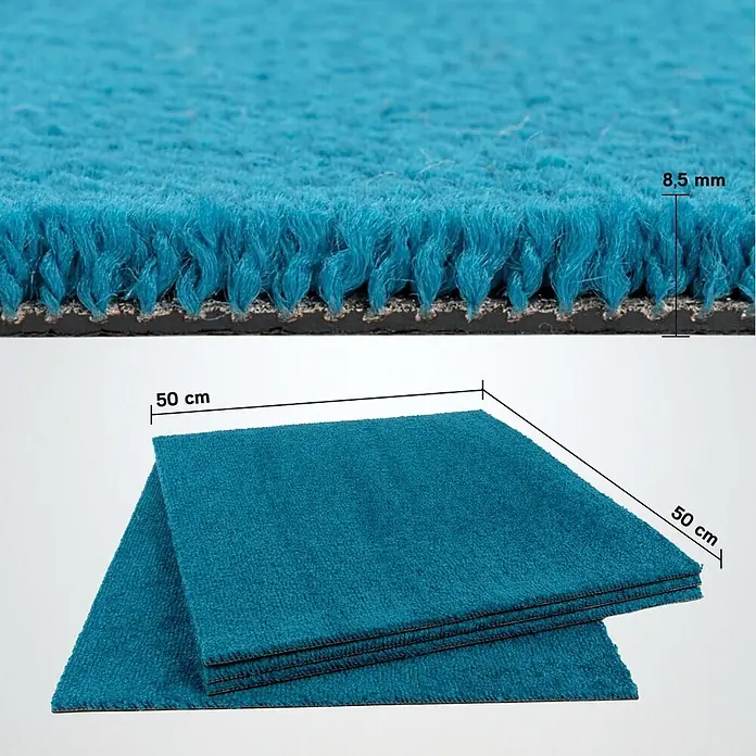Bricoflor Teppichfliese Velours Hochflor, Petrol Türkis, 50 - Breite: 50 cm, Velours, 100 % Polypropylen (PP), Petrol Türkis - Türkisblaue Schlingenflor Teppichfliesen, 50x50 cm, 8,5 mm dick. Zeigt Florstruktur und Fliesenmaße.