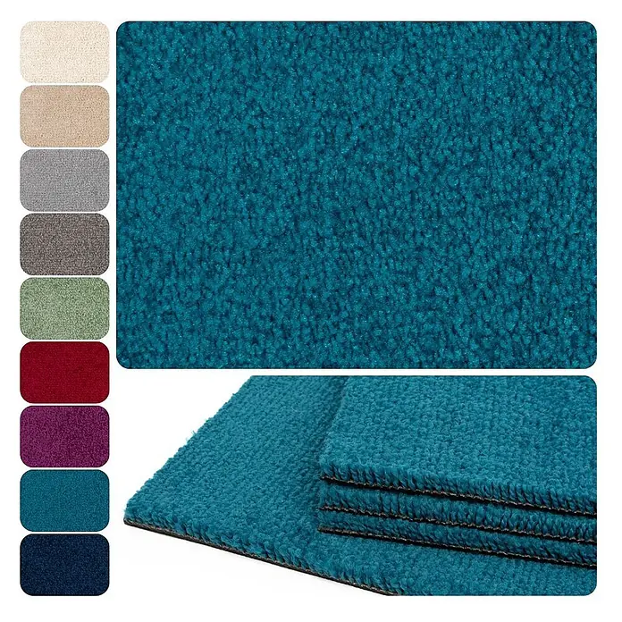 Bricoflor Teppichfliese Velours Hochflor, Petrol Türkis, 50 - Breite: 50 cm, Velours, 100 % Polypropylen (PP), Petrol Türkis - Petrolblauer Teppichflor und Stapel passender Teppich-Treppenstufenmatten.