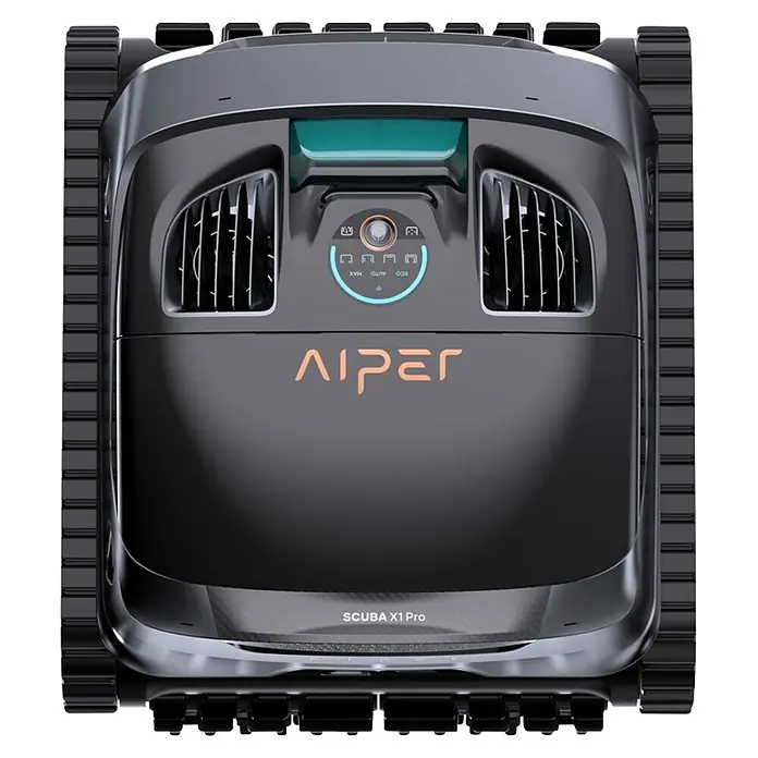 Aiper Poolroboter Scuba X1 - Akkubetrieben, Passend für: Eingelassene und oberirdische Pools bis ca. 200 m² / 2.150 sq.ft; Beton, Fiberglas, Fliesen, Folie/Liner, Filterleistung: 25.200 l/h - Dunkelgrauer Aiper Scuba X1 Pro Roboter-Poolreiniger mit Kettenlaufwerk und Bedienfeld von oben.