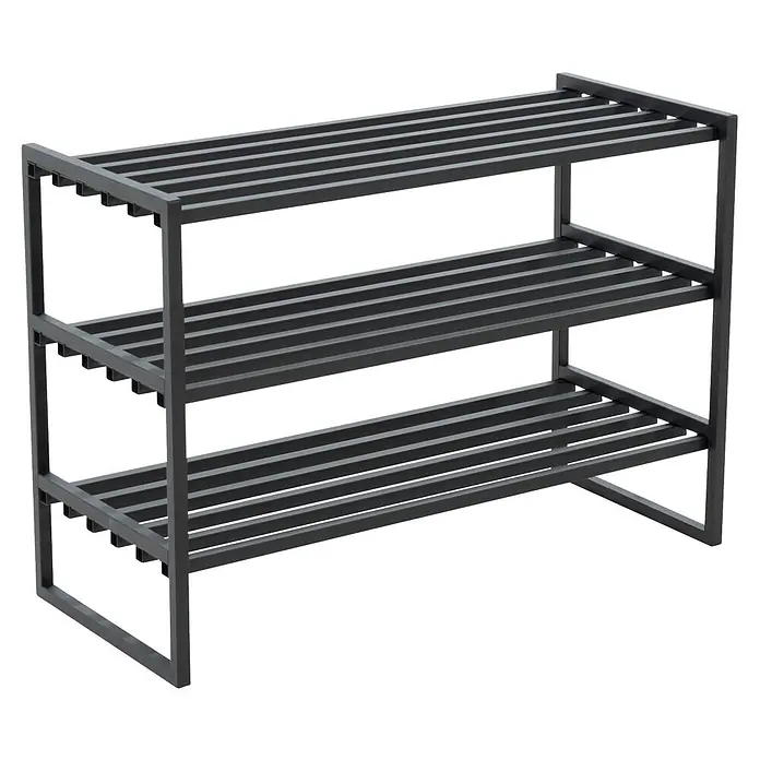 Spinder Design Schuhregal Axel SR 2 - L x B x H: 29,5 x 70 x 48,7 cm, Schwarz - Dunkelgraues dreistöckiges Metall-Schuhregal mit Lattenböden.
