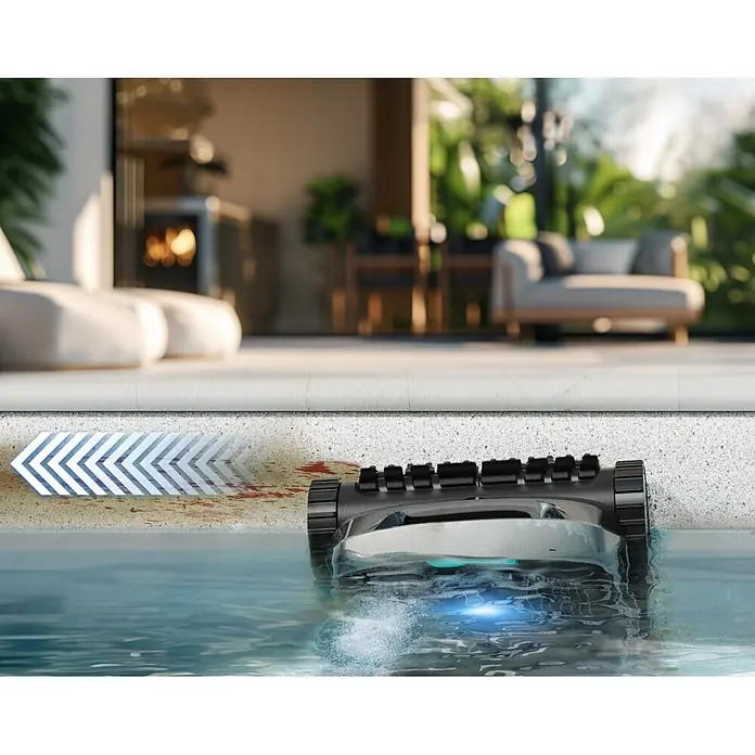 Aiper Poolroboter Scuba X1 - Akkubetrieben, Passend für: Eingelassene und oberirdische Pools bis ca. 200 m² / 2.150 sq.ft; Beton, Fiberglas, Fliesen, Folie/Liner, Filterleistung: 25.200 l/h - Grauer und schwarzer Poolroboter mit blauem Licht reinigt den Beckenrand. Weiße Pfeilgrafik zeigt Reinigungsbewegung an.