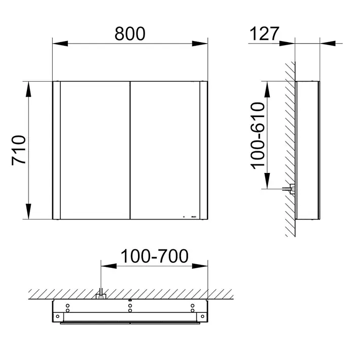 Keuco LED-Spiegelschrank Royal Vega - B x H: 80 x 71 cm, Aluminium, silber-eloxiert - Technische Zeichnung eines Wandschranks, 800x710x127. Mit verstellbaren Befestigungspunkten: 100-700 Breite, 100-610 Höhe.