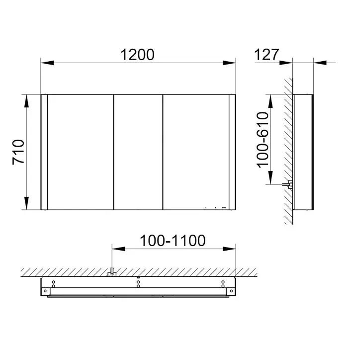 Keuco LED-Spiegelschrank Royal Vega - B x H: 120 x 71 cm, Aluminium, silber-eloxiert - Maße eines 1200x710x127mm rechteckigen Wand-Badezimmerschranks mit drei Türen.