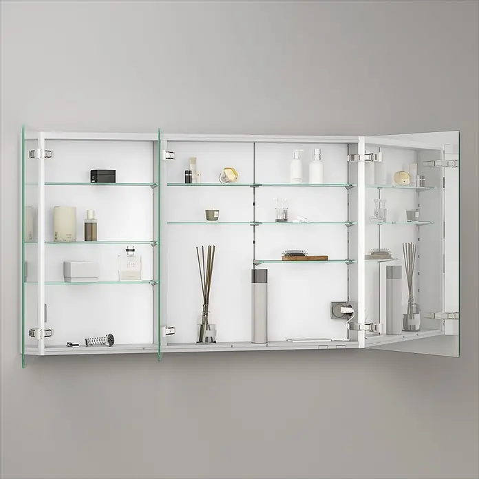 Keuco LED-Spiegelschrank Royal Vega - B x H: 120 x 71 cm, Aluminium, silber-eloxiert - Weißer, mehrteiliger Spiegelschrank mit Glastüren und Glasböden, gefüllt mit Pflegeprodukten.