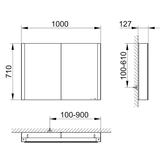 Keuco LED-Spiegelschrank Royal Vega - B x H: 100 x 71 cm, Aluminium, silber-eloxiert - Technische Zeichnung eines rechteckigen Wandschranks, 1000x710x127mm, mit Montagedimensionen.