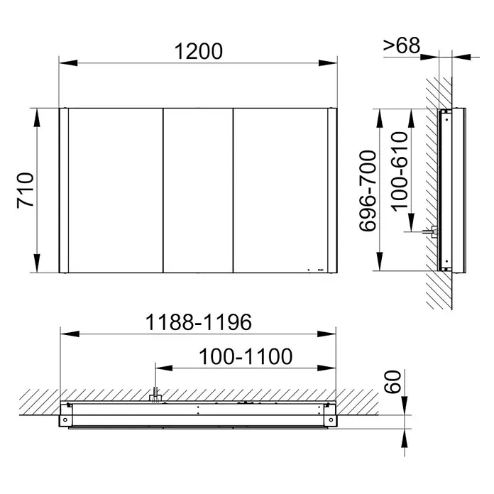 Keuco LED-Spiegelschrank Royal Vega - B x H: 120 x 71 cm, Aluminium, silber-eloxiert - Technische Zeichnung einer rechteckigen, wandmontierten Einheit, 1200x710 mm, mit Maßen für Breite, Höhe, Tiefe und Befestigungspunkte.