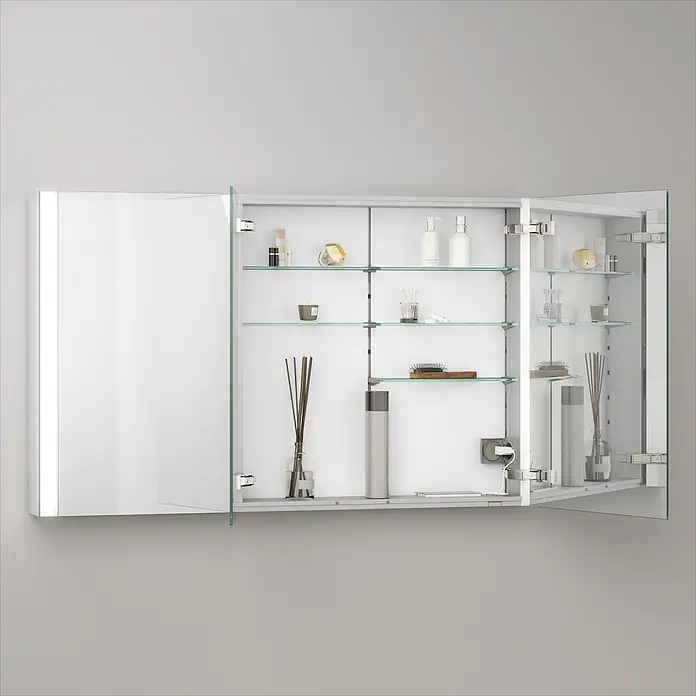 Keuco LED-Spiegelschrank Royal Vega - B x H: 120 x 71 cm, Aluminium, silber-eloxiert - Offener Spiegelschrank mit integrierter Beleuchtung, Glasablagen und Steckdose, mit Badezimmerartikeln.