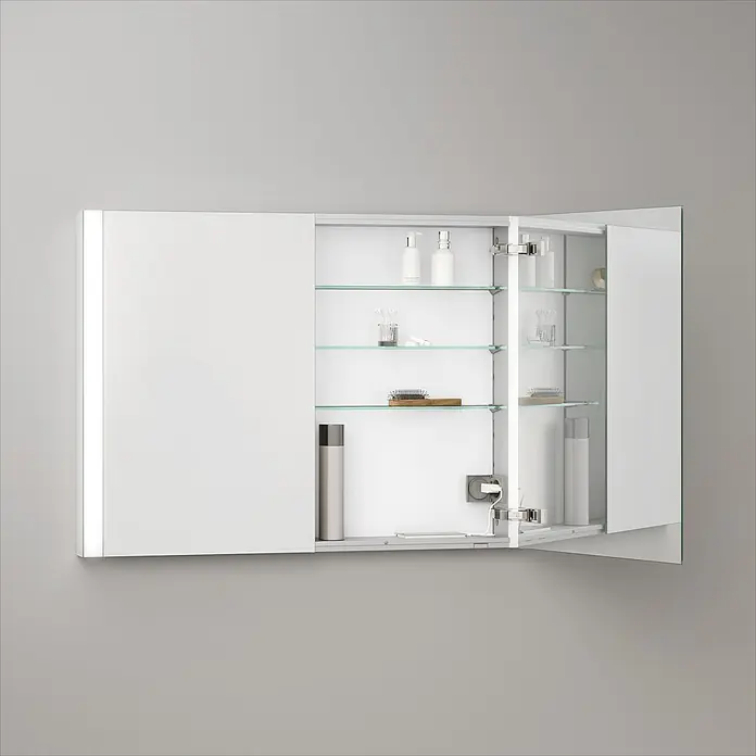 Keuco LED-Spiegelschrank Royal Vega - B x H: 100 x 71 cm, Aluminium, silber-eloxiert - Weißer Spiegelschrank mit geöffneten Türen, integrierter Beleuchtung, Glasböden und interner Ladesteckdose.