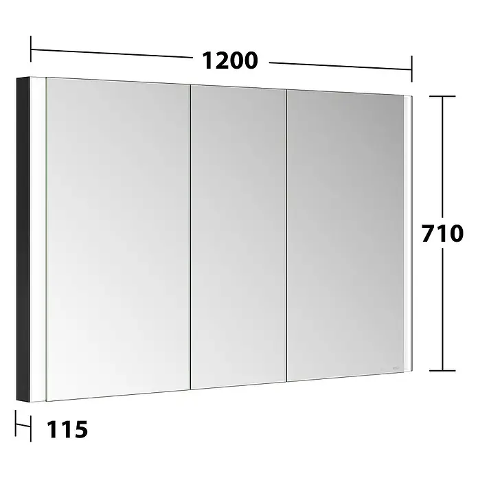 Keuco LED-Spiegelschrank Royal Vega - B x H: 120 x 71 cm, Aluminium, silber-eloxiert - Dreitüriger Spiegelschrank mit schwarzen Seiten, Maße: B 1200mm, H 710mm, T 115mm.