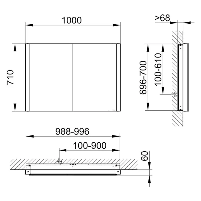Keuco LED-Spiegelschrank Royal Vega - B x H: 100 x 71 cm, Aluminium, silber-eloxiert - Maßzeichnung eines Wandschranks, mit Abmessungen und Montageanforderungen.