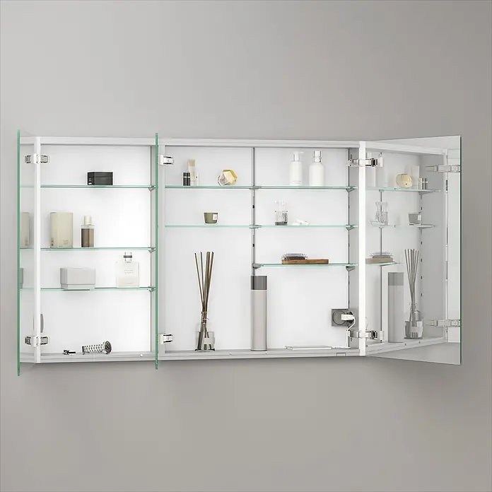 Keuco LED-Spiegelschrank Royal Vega - B x H: 120 x 71 cm, Aluminium, silber-eloxiert - Weißer Spiegelschrank mit geöffneten Spiegeltüren, Glasböden und verschiedenen Toilettenartikeln.