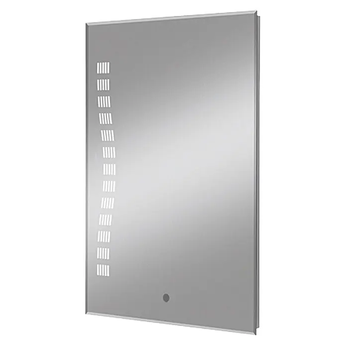Riva Lichtspiegel Turio 1 - 40 x 60 cm - Nahaufnahme eines rechteckigen Spiegels mit Lichtleisten an der Seite und einem runden Schalterknopf unten.