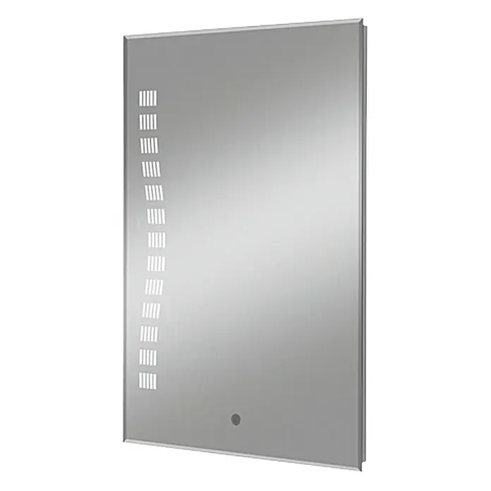 Riva Lichtspiegel Turio 1 - 40 x 60 cm - Nahaufnahme eines rechteckigen Spiegels mit Lichtleisten an der Seite und einem runden Schalterknopf unten.