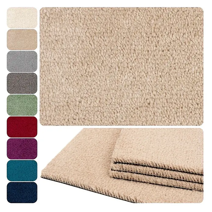 Bricoflor Teppichfliese Velours Hochflor, Beige Hell-Braun, 50 - Breite: 50 cm, Velours, 100 % Polypropylen (PP), Beige Hell-Braun - Nahaufnahme eines weichen, cremefarbenen Schlingenflor-Teppichs, mit Farbmuster und gefaltetem Stück.