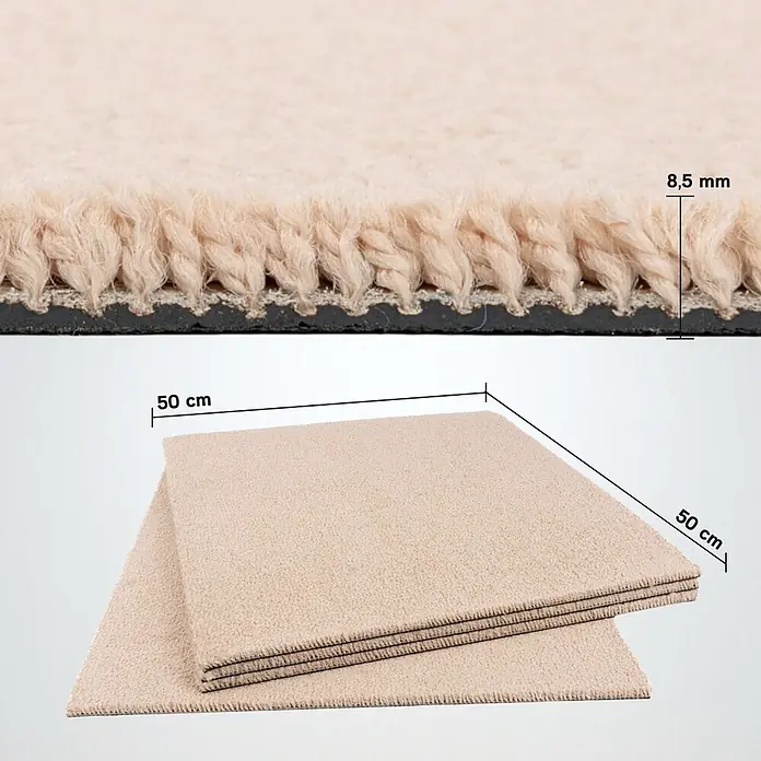 Bricoflor Teppichfliese Velours Hochflor, Beige Hell-Braun, 50 - Breite: 50 cm, Velours, 100 % Polypropylen (PP), Beige Hell-Braun - Beige Teppichfliesen, 50x50 cm, 8,5 mm dick, mit weichem Flor und schwarzer Rückseite.