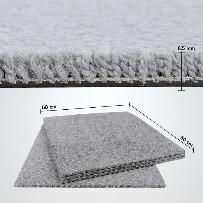 Bricoflor Teppichfliese Velours Hochflor, Hell-Grau, 50 - Breite: 50 cm, Velours, 100 % Polypropylen (PP), Hell-Grau - Graue Schlingenteppichfliesen, 50x50 cm, mit sichtbarer 8,5 mm Dicke und dunklem Rücken.