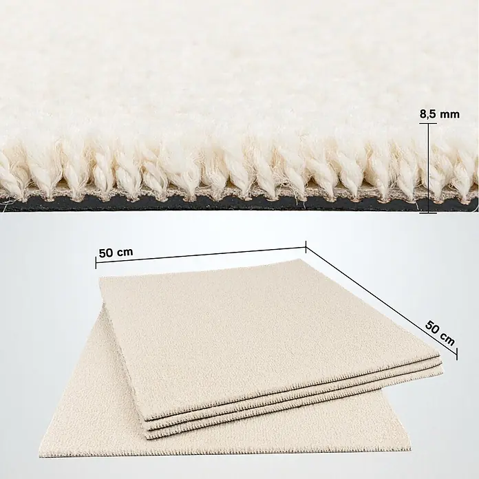 Bricoflor Teppichfliese Velours Hochflor, Creme Beige, 50 - Breite: 50 cm, Velours, 100 % Polypropylen (PP), Creme Beige - Beige Teppichfliesen, 50x50 cm, mit 8,5 mm Florhöhe und schwarzem Rücken.