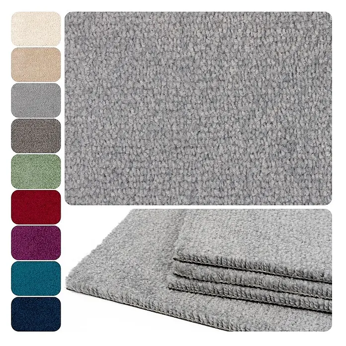 Bricoflor Teppichfliese Velours Hochflor, Hell-Grau, 50 - Breite: 50 cm, Velours, 100 % Polypropylen (PP), Hell-Grau - Grauer Schlingenflor-Teppichmuster mit gefalteten Kanten, daneben Farbmuster für weitere Optionen.