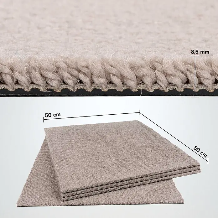 Bricoflor Teppichfliese Velours Hochflor, Grau Braun, 50 - Breite: 50 cm, Velours, 100 % Polypropylen (PP), Grau Braun - Set beigefarbener Schlingenflor-Teppichfliesen, je 50x50 cm, 8,5 mm dick, zeigt Textur und Maße.