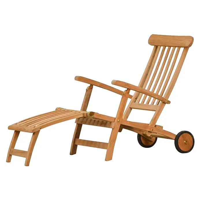 Kai Wiechmann Garten-Liegestuhl Teak Deckchair Europa mit Rad - Teak, Klappbar, Naturbelassen - Verstellbare hellbraune Holz-Sonnenliege mit integrierter Fußstütze und Rädern für einfache Mobilität.
