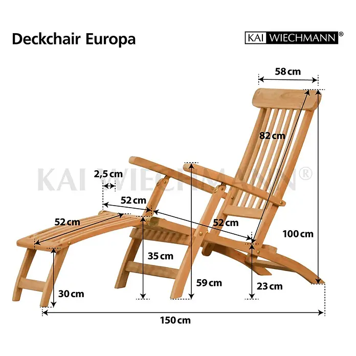 Kai Wiechmann Garten-Liegestuhl Teak Deckchair Europa mit Rad - Teak, Klappbar, Naturbelassen - Hölzerner Liegestuhl Europa mit verstellbarer Rückenlehne und integrierter Fußstütze, Maße angegeben.