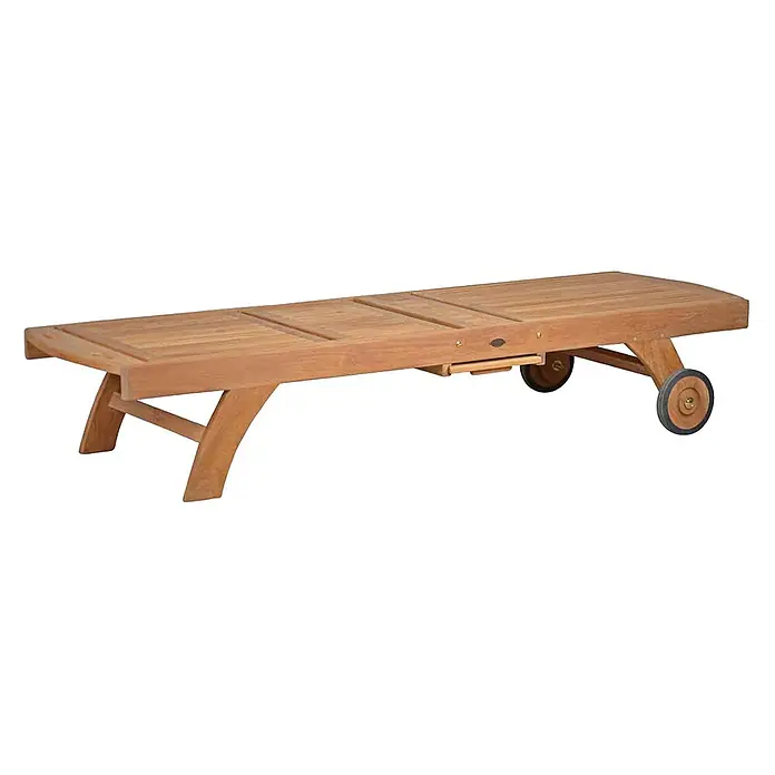 Teak Gartenliege mit Fuß-Plateau & Rollen Sonnenliege Massivholz wetterfest -  - Sonnenliege aus Holz mit Rollen, hellbraun lackiert und verstellbarer Rückenlehne.