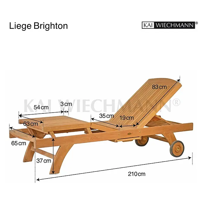 Teak Gartenliege mit Fuß-Plateau & Rollen Sonnenliege Massivholz wetterfest -  - Hölzerne Sonnenliege mit Rollen und verstellbarer Rückenlehne, mit Maßen, Gesamtlänge 210 cm.