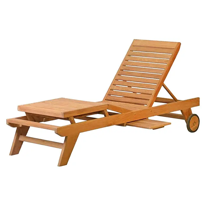 Kai Wiechmann Gartenliege Teak Sonnenliege Komfort - Naturbelassen, Holz, Rollbar - Helle Holzliege mit verstellbarer Rückenlehne, ausziehbarer Ablage und Rädern.