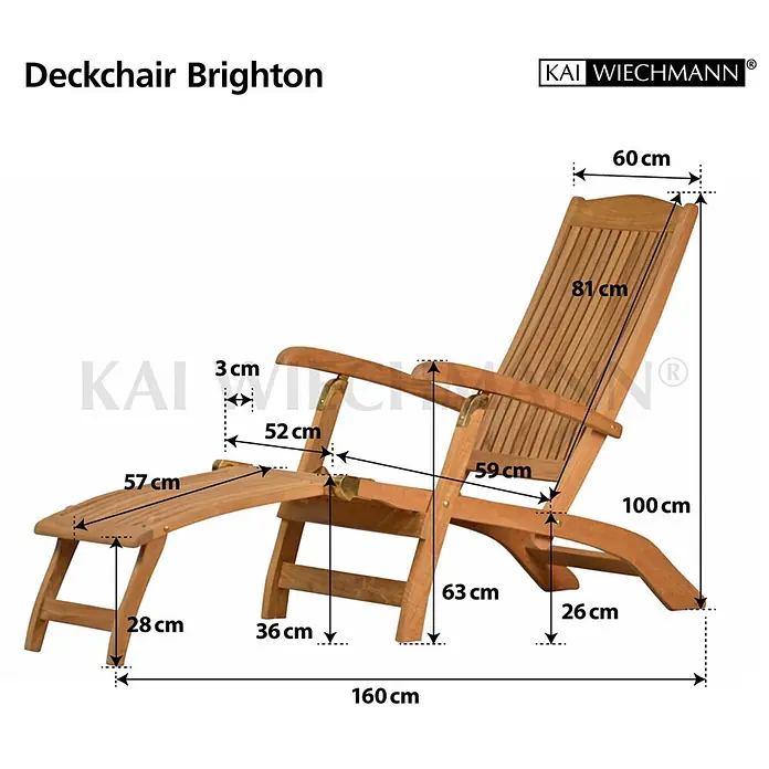 Kai Wiechmann Garten-Liegestuhl Teak Deckchair Brighton - Teakholz, Klappbar, Naturbelassen, B x T x H: 60 x 160 x 100 cm - Naturholz-Liegestuhl 'Brighton' mit verstellbarer Rückenlehne und integrierter Fußstütze.