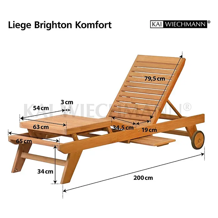 Kai Wiechmann Gartenliege Teak Sonnenliege Komfort - Naturbelassen, Holz, Rollbar - Hölzerne Sonnenliege mit verstellbarer Rückenlehne, integriertem Beistelltisch und Rollen, Maße eingezeichnet.