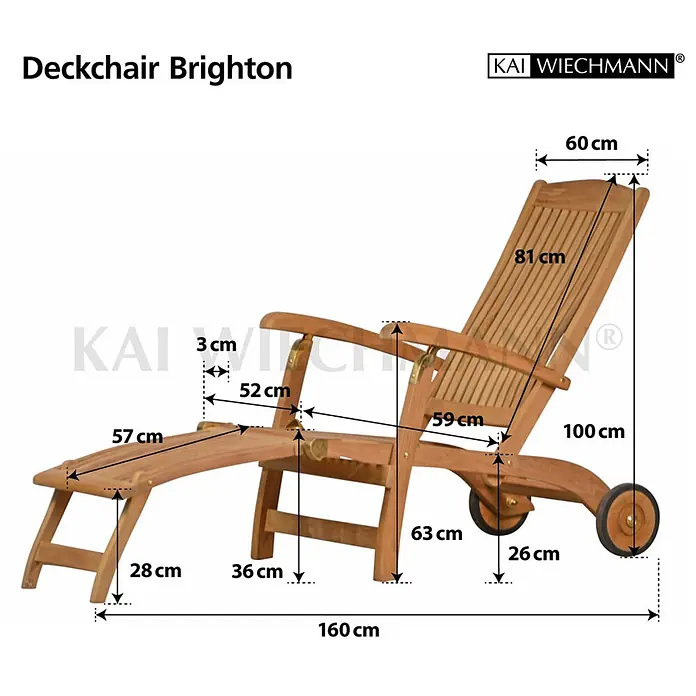 Kai Wiechmann Garten-Liegestuhl Teakholz Deckchair Brighton mit Rollen - Teak, Klappbar, Naturbelassen - Hölzerner Liegestuhl mit Rollen, verstellbarer Rückenlehne und Fußteil, mit Maßen.
