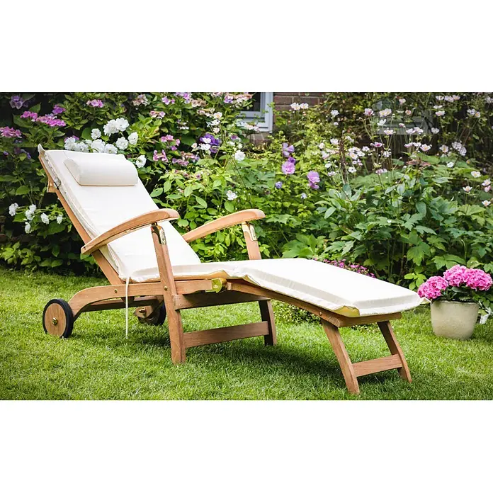 Kai Wiechmann Liegenauflage Polster Deckchair Dunkelgrün - Deckchair, Liegestuhl, Relaxchair, L x B x H: 189 x 46 x 6 cm, Polyacryl, Dunkelgrün - Verstellbare Sonnenliege aus Holz mit cremefarbenen Auflagen und Rollen, ideal zum Entspannen im Freien.