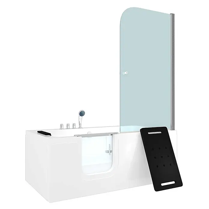 AcquaVapore Komplettdusche Fertigdusche S15D-TH-L-EC - Weiß - Weiße begehbare Badewanne mit klarer Einstiegstür, Duschwand aus Glas und schwarzer Einstiegshilfe.