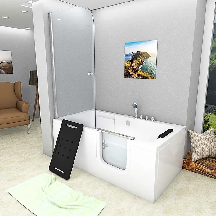 AcquaVapore Komplettdusche Fertigdusche S15D-TH-R - 150 x 75 x 215 cm, Weiß - Weiße begehbare Badewanne mit Duschabtrennung aus Klarglas und schwarzem Badebrett in einem modernen Badezimmer.