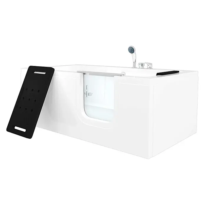 AcquaVapore Badewanne Fertigdusche S15-EH-R - 75 x 150 cm, Acryl, Weiß - Weiße Badewanne mit Einstiegstür, integrierter Duschbrause und schwarzem Badesitz.