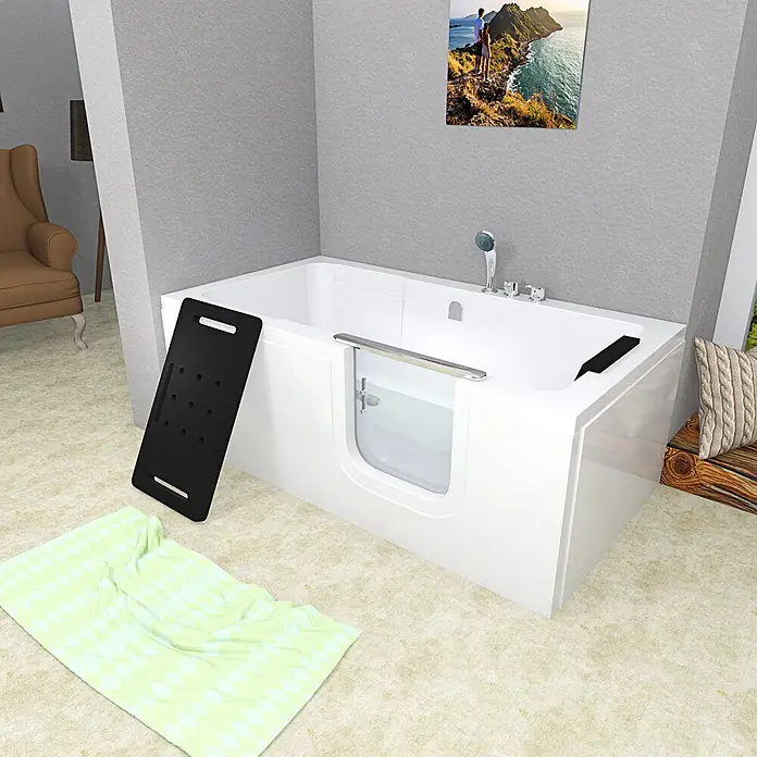 AcquaVapore Badewanne Fertigdusche S15-EH-R - 75 x 150 cm, Acryl, Weiß - Weiße begehbare Badewanne mit Glastür und Chromarmaturen im Bad, mit schwarzem Badesitz und hellgrüner Badematte.
