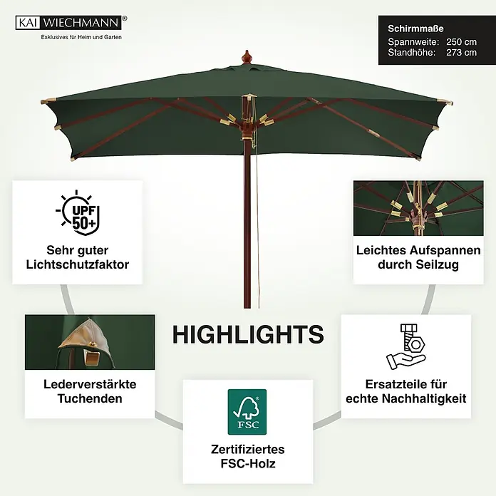 Kai Wiechmann Marktschirm Mittelmastschirm quadratisch 250 cm Grün - Grün|Dunkelgrün - Dunkelgrüner Gartenschirm mit Holzgestell, UPF 50+ Sonnenschutz, 250 cm Spannweite.