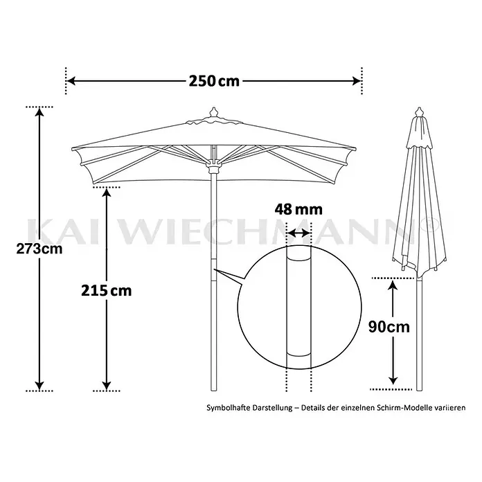Kai Wiechmann Marktschirm Mittelmastschirm quadratisch 250 cm Grün - Grün|Dunkelgrün - Maße eines geöffneten Sonnenschirms: 250 cm Durchmesser, 273 cm Gesamthöhe, 215 cm Unterkante Höhe und 48 mm Mastdurchmesser.