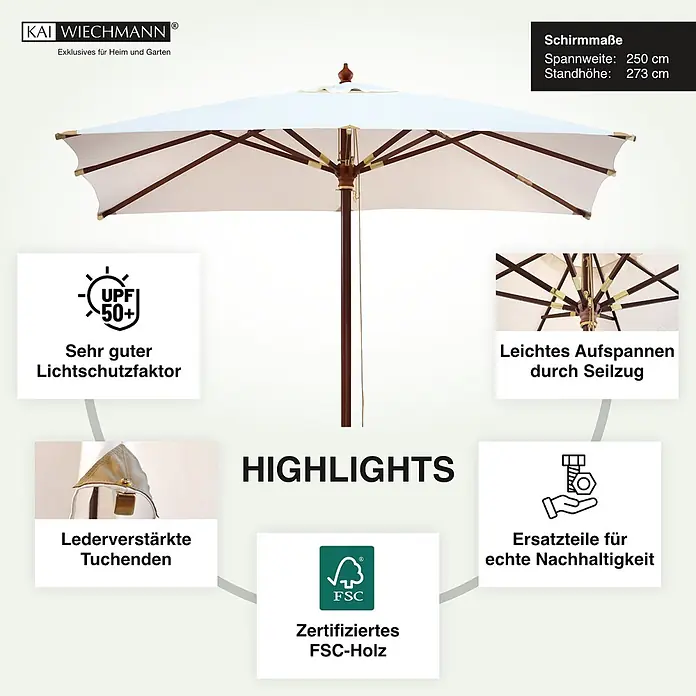 Kai Wiechmann Marktschirm Mittelmastschirm quadratisch 250 cm Weiß - Weiß|Altweiß|Ecru|Natur|Beige|Creme - Weißer Sonnenschirm mit Holzgestell und -mast, bietet Sonnenschutz.