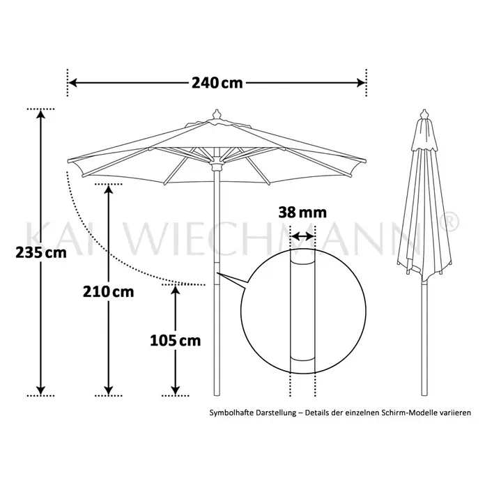Kai Wiechmann Marktschirm Sunshine Style 240 cm Anthrazit - Grau|Anthrazit - Technische Zeichnung eines Sonnenschirms mit Maßen: 240 cm Durchmesser, 235 cm Höhe, 210 cm Durchgangshöhe, 38 mm Mast.