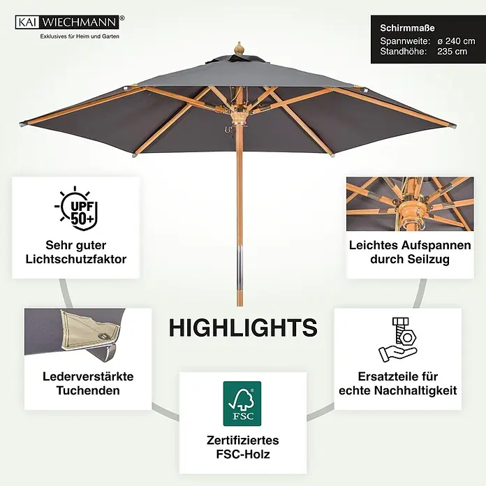 Kai Wiechmann Marktschirm Sunshine Style 240 cm Anthrazit - Grau|Anthrazit - Dunkelgrauer Sonnenschirm mit Holzstange und Gestell, bietet UPF 50+ Sonnenschutz, leicht zu öffnen, aus FSC-Holz.