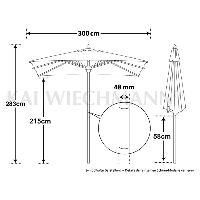 Kai Wiechmann Marktschirm Mittelmastschirm quadratisch 300 cm Weiß - Weiß|Altweiß|Ecru|Natur|Beige|Creme - Sonnenschirm mit Maßen: 300cm Durchmesser, 283cm Gesamthöhe, 215cm Durchgangshöhe, 48mm Mast und 58cm Bodenfreiheit im eingeklappten Zustand.