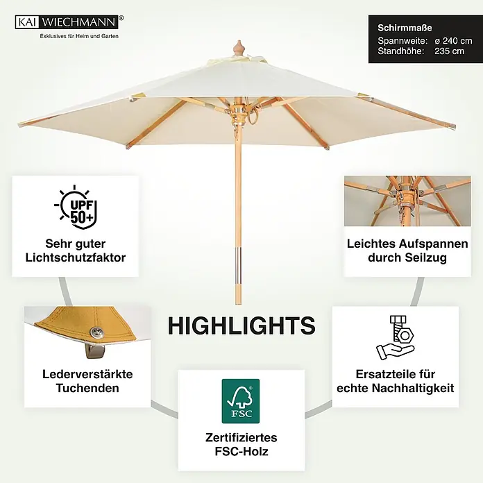 Kai Wiechmann Marktschirm Sunshine Style 240 cm Weiß - Weiß|Altweiß|Ecru|Natur|Beige|Creme - Heller beiger Gartenschirm mit Holzgestell, UPF 50+ Sonnenschutz und einfacher Seilzugöffnung. Maße: 240 cm Durchmesser, 235 cm Höhe.